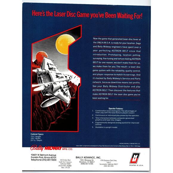 1983 Bally Midway Astron Belt Laser Disc Arcade Game Flyer Vintage - Picture 2 of 2